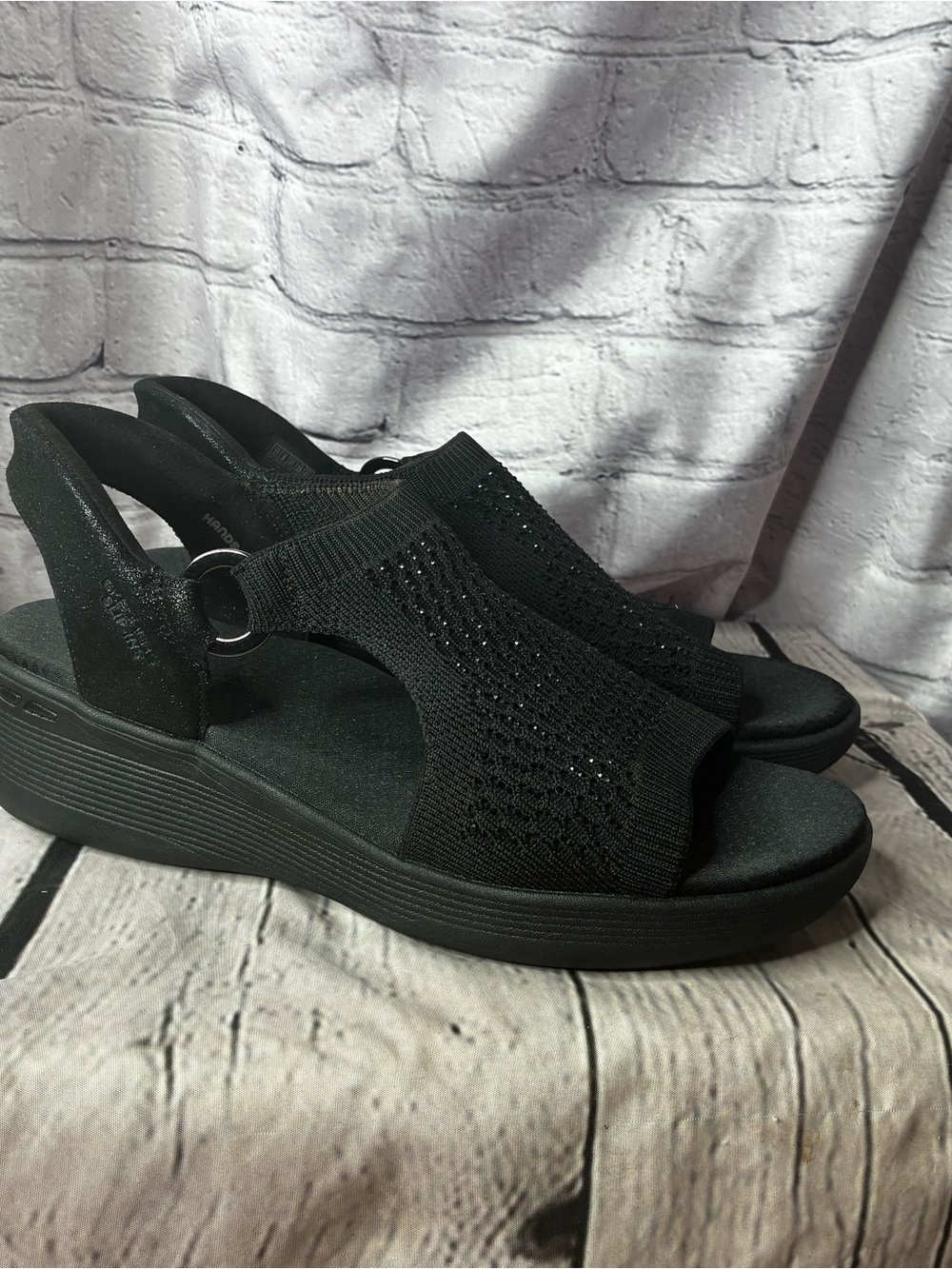 Black Modern Minimalist Cruise Resort Knit Rhinestone Shimmer Wedge Sandals 11